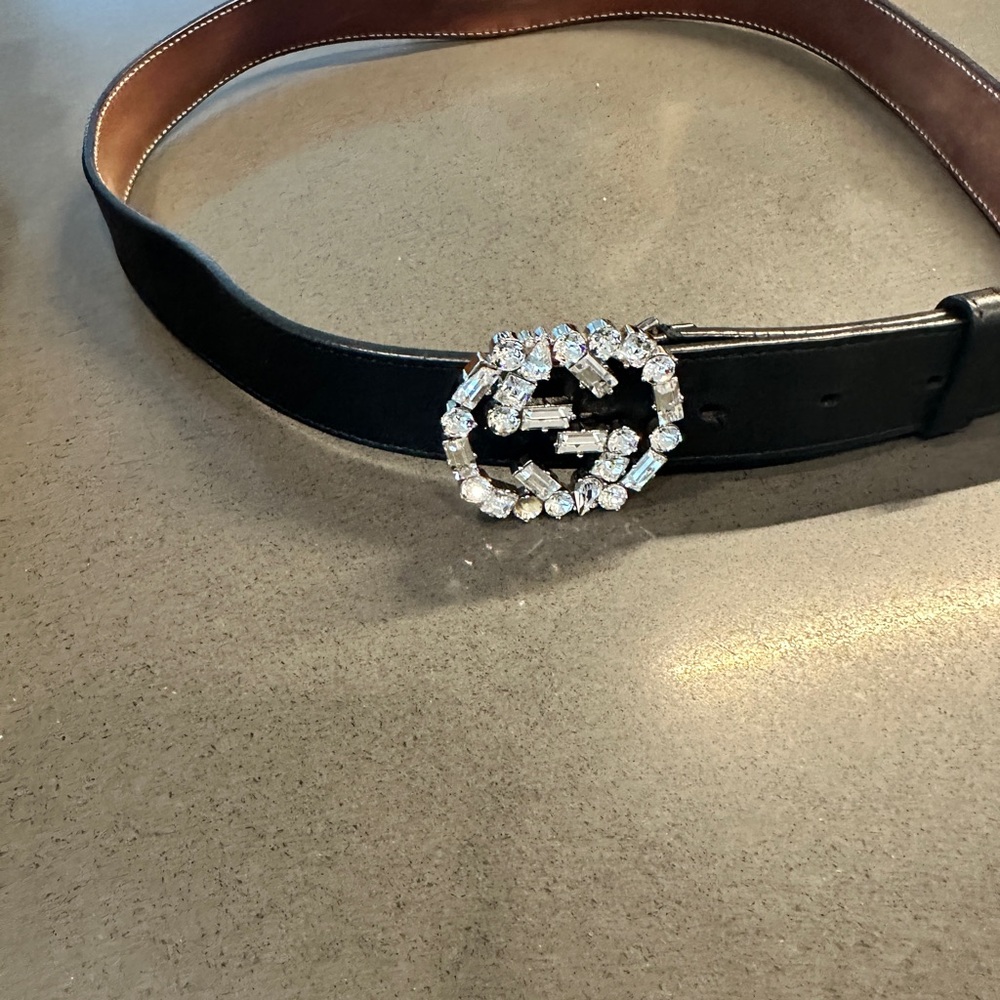 Gucci Black Leather Belt with Crystal Logo Buckle